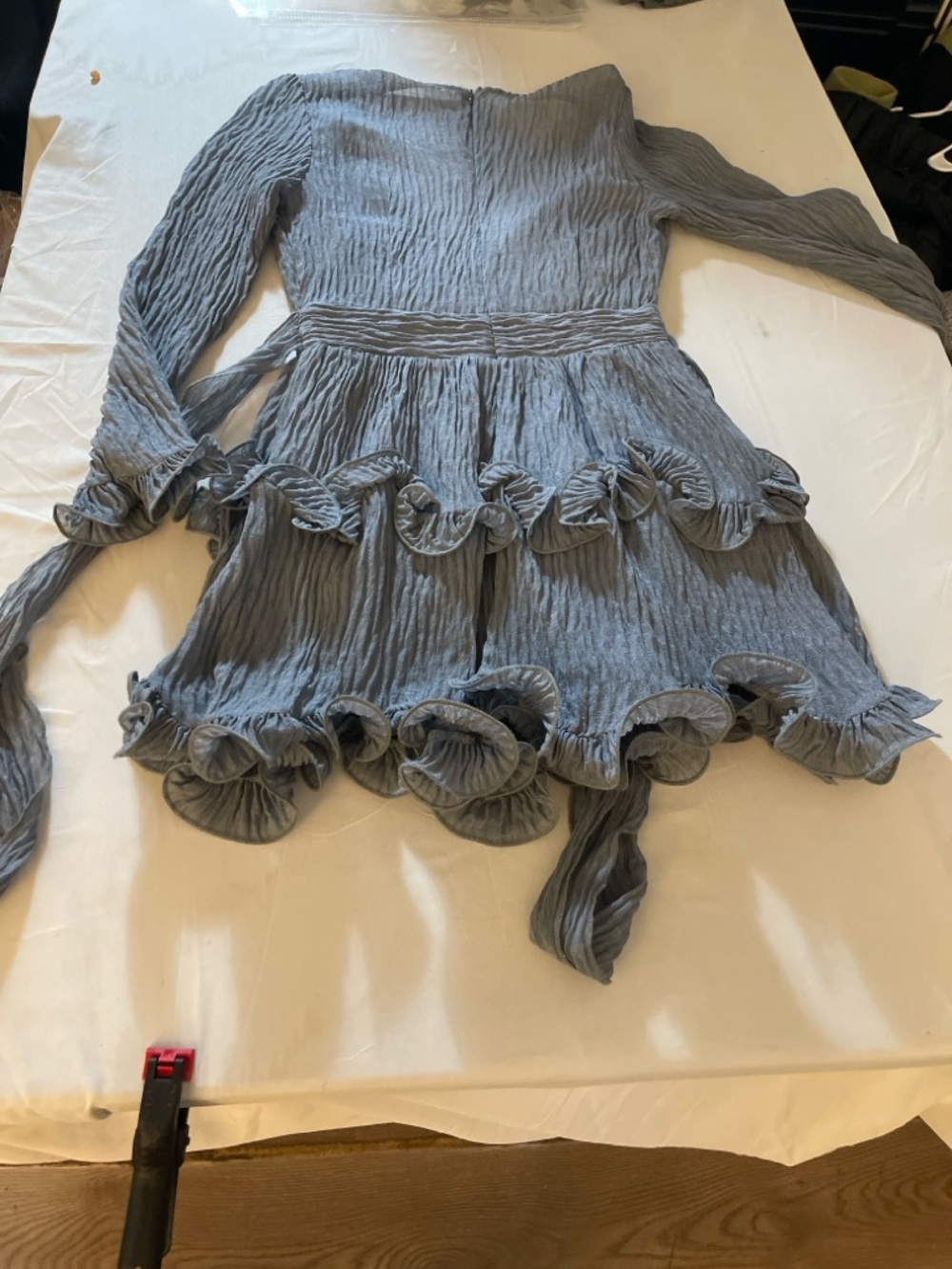 Saints + Secrets Gray Ruffle Mini Dress Small Boho V Neck Tie Waist - Picture 10 of 10
